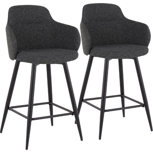 Boyne 26" Counter Stool in Dark Grey Fabric, Black Metal & Square Footrest (Set of 2)